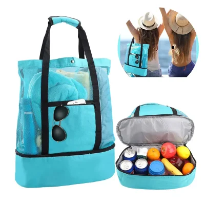 Bolsa de playa para Picnic con preservación del calor, bolsa de malla transparente de doble capa para almacenamiento de natación, bolsas impermeables para compras de alta capacidad