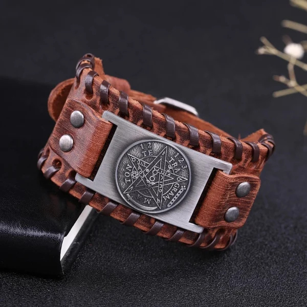 Pulsera de cuero con pentagrama y pentagrama para hombre, amuleto, amuleto, Talismán, joyería Vintage