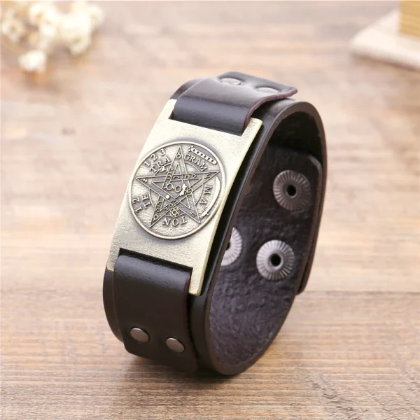 Pulsera de cuero con pentagrama y pentagrama para hombre, amuleto, amuleto, Talismán, joyería Vintage