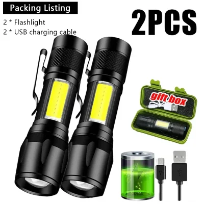 Mini linterna LED COB + XPE, linterna portátil con carga USB, linterna de Camping con luz de enfoque con zoom, linterna táctica con Clip para bolígrafo