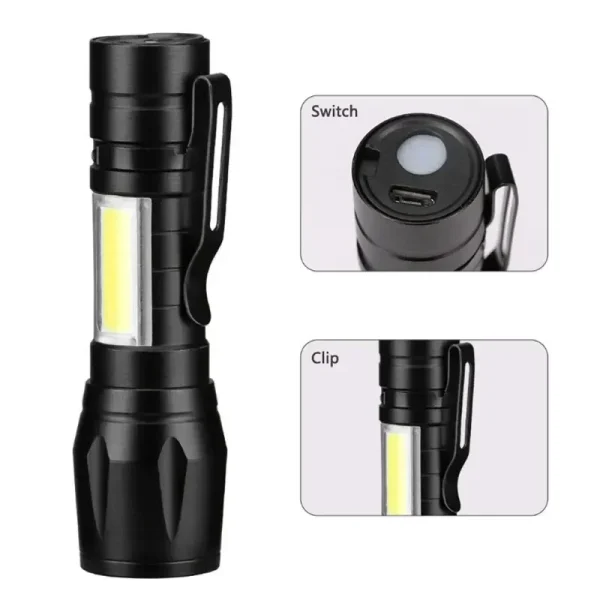 Mini linterna LED COB + XPE, linterna portátil con carga USB, linterna de Camping con luz de enfoque con zoom, linterna táctica con Clip para bolígrafo