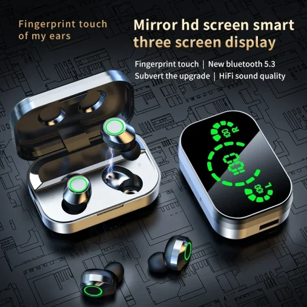 Auriculares inalámbricos Bluetooth con batería de larga duración, caja de almacenamiento con espejo YD03, manos libres, Bluetooth, manos libres, teléfono