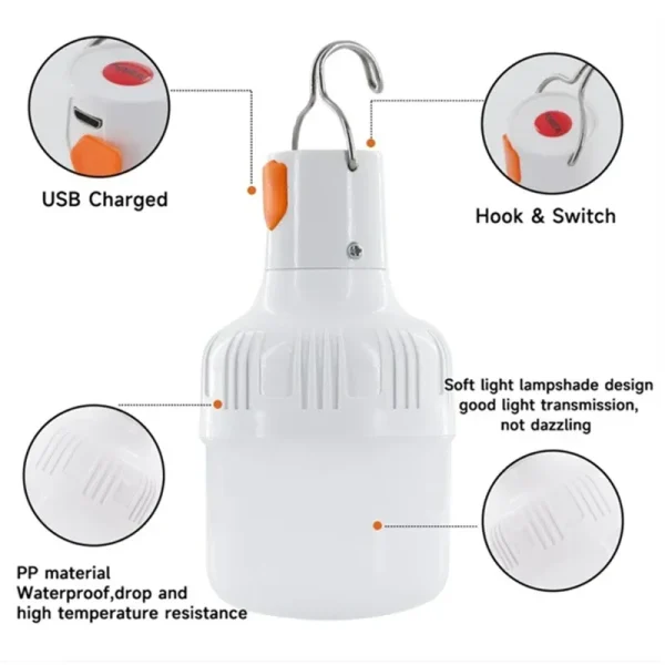 Bombillas LED recargables por USB para exteriores, luz de emergencia de 60W con gancho para acampar, pescar, tiendas portátiles, linterna, luces nocturnas, 1 ud.