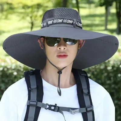 Sombrero de ala grande para hombre, gorra de pesca transpirable, protección solar UV, malla de pescador, senderismo, playa al aire libre, 15CM, novedad de verano