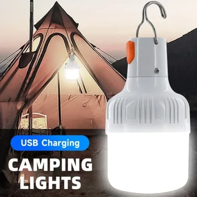 Bombillas LED recargables por USB para exteriores, luz de emergencia de 60W con gancho para acampar, pescar, tiendas portátiles, linterna, luces nocturnas, 1 ud.