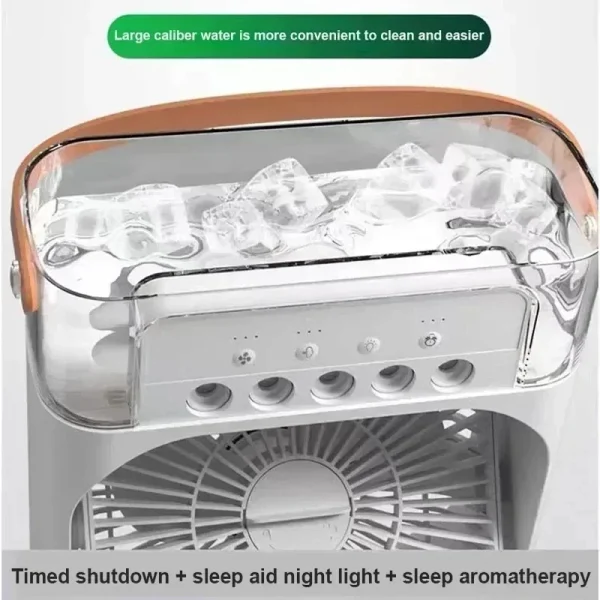 Ventilador humidificador portátil tres en uno, mini ventilador de aire acondicionado USB, luz nocturna LED, niebla de agua, humidificador enfriador de aire divertido para el hogar