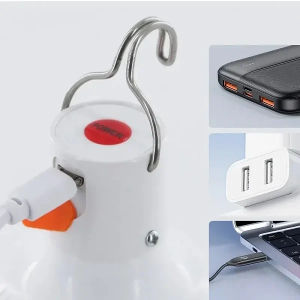 Bombillas LED recargables por USB para exteriores, luz de emergencia de 60W con gancho para acampar, pescar, tiendas portátiles, linterna, luces nocturnas, 1 ud.