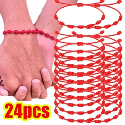 Pulseras de hilo rojo para la suerte, 7 nudos, ajustables, hechos a mano, brazaletes de cuerda DIY para pareja, amuleto, accesorios de joyería