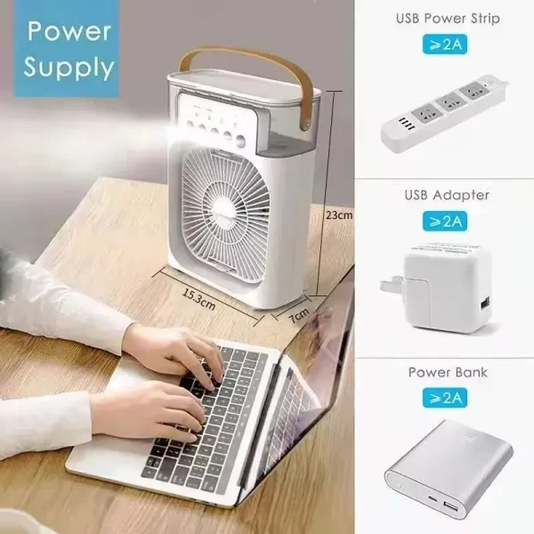 Ventilador humidificador portátil tres en uno, mini ventilador de aire acondicionado USB, luz nocturna LED, niebla de agua, humidificador enfriador de aire divertido para el hogar