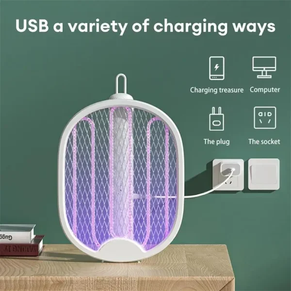 Matamosquitos eléctrico plegable, trampa para moscas recargable por USB, raqueta matamoscas con luz UV, 3500V