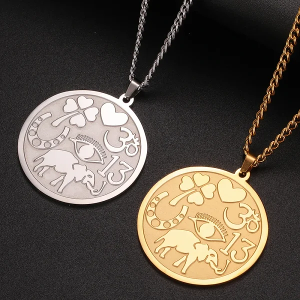 Collar de la medalla de la buena suerte Un poderoso amuleto protector Elefantes Trébol de cuatro hojas Corazón Símbolo Ohm Herradura Collar de ojos malvados Joyas de acero inoxidable