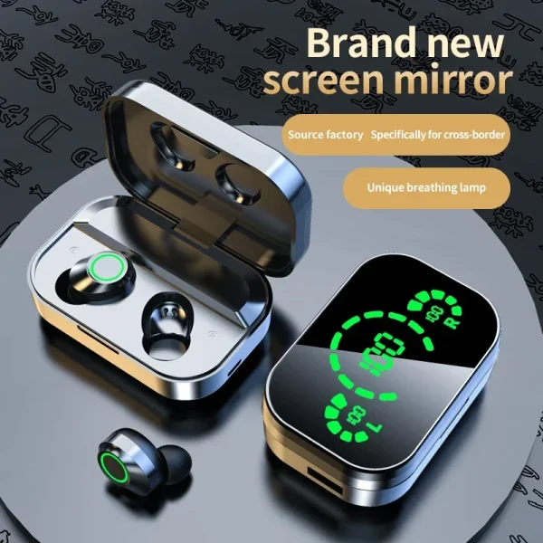 Auriculares inalámbricos Bluetooth con batería de larga duración, caja de almacenamiento con espejo YD03, manos libres, Bluetooth, manos libres, teléfono