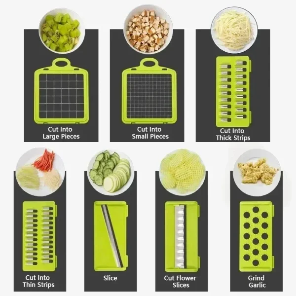 Picadora de verduras multifuncional 14/16 en 1, mango, rejilla de alimentos, picadora de alimentos, rebanador de verduras, cortador, artículos de cocina