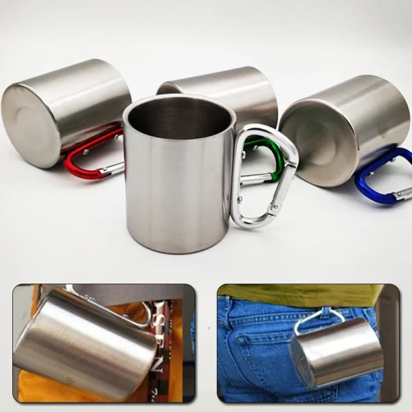 Taza de acero inoxidable de 220Ml para acampar, viajar al aire libre, taza con mango, mosquetón, escalada, mochilero, senderismo, tazas portátiles