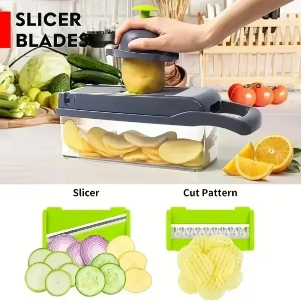 Picadora de verduras multifuncional 14/16 en 1, mango, rejilla de alimentos, picadora de alimentos, rebanador de verduras, cortador, artículos de cocina