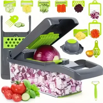 Picadora de verduras multifuncional 14/16 en 1, mango, rejilla de alimentos, picadora de alimentos, rebanador de verduras, cortador, artículos de cocina