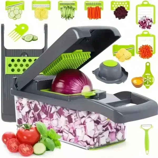 Picadora de verduras multifuncional 14/16 en 1, mango, rejilla de alimentos, picadora de alimentos, rebanador de verduras, cortador, artículos de cocina