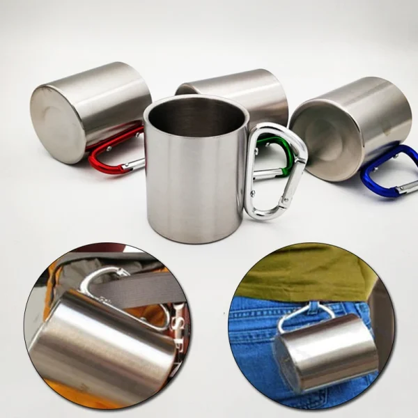 Taza de acero inoxidable de 220Ml para acampar, viajar al aire libre, taza con mango, mosquetón, escalada, mochilero, senderismo, tazas portátiles