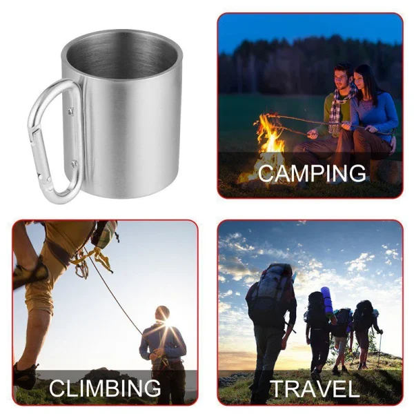 Taza de acero inoxidable de 220Ml para acampar, viajar al aire libre, taza con mango, mosquetón, escalada, mochilero, senderismo, tazas portátiles