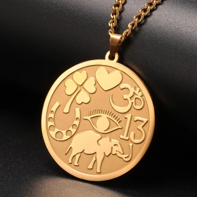 Collar de la medalla de la buena suerte Un poderoso amuleto protector Elefantes Trébol de cuatro hojas Corazón Símbolo Ohm Herradura Collar de ojos malvados Joyas de acero inoxidable