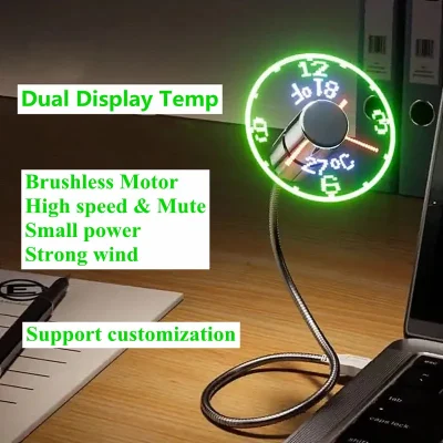 Ventiladores de reloj Usb pequeños silenciosos con Motor sin escobillas, pantalla de tiempo y temperatura de alta velocidad, viento fuerte, ajustable, Universal