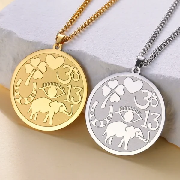 Collar de la medalla de la buena suerte Un poderoso amuleto protector Elefantes Trébol de cuatro hojas Corazón Símbolo Ohm Herradura Collar de ojos malvados Joyas de acero inoxidable