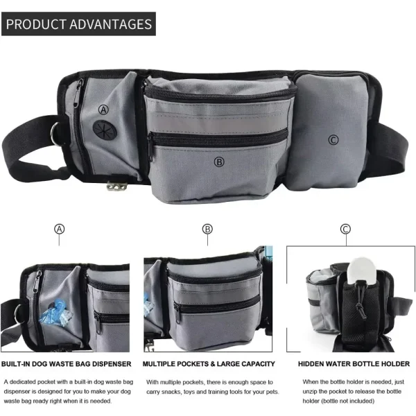 Bolsa para caminar para entrenamiento de perros, bolsa para golosinas de manos libres, riñonera para correr, tren para cachorros, alimentador de aperitivos, cuencos de bolsillo para perros, bolsas para tazas de agua
