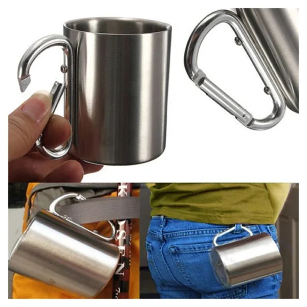 Taza de acero inoxidable de 220Ml para acampar, viajar al aire libre, taza con mango, mosquetón, escalada, mochilero, senderismo, tazas portátiles